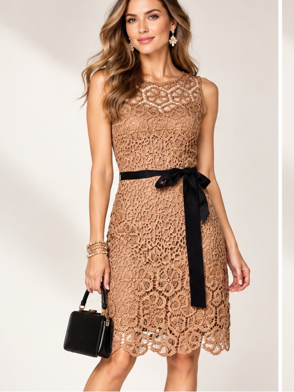 Yoana Baraschi Lace Sheath Dress Size 4 Beige Crochet Lace Ribbon Belt Cocktail